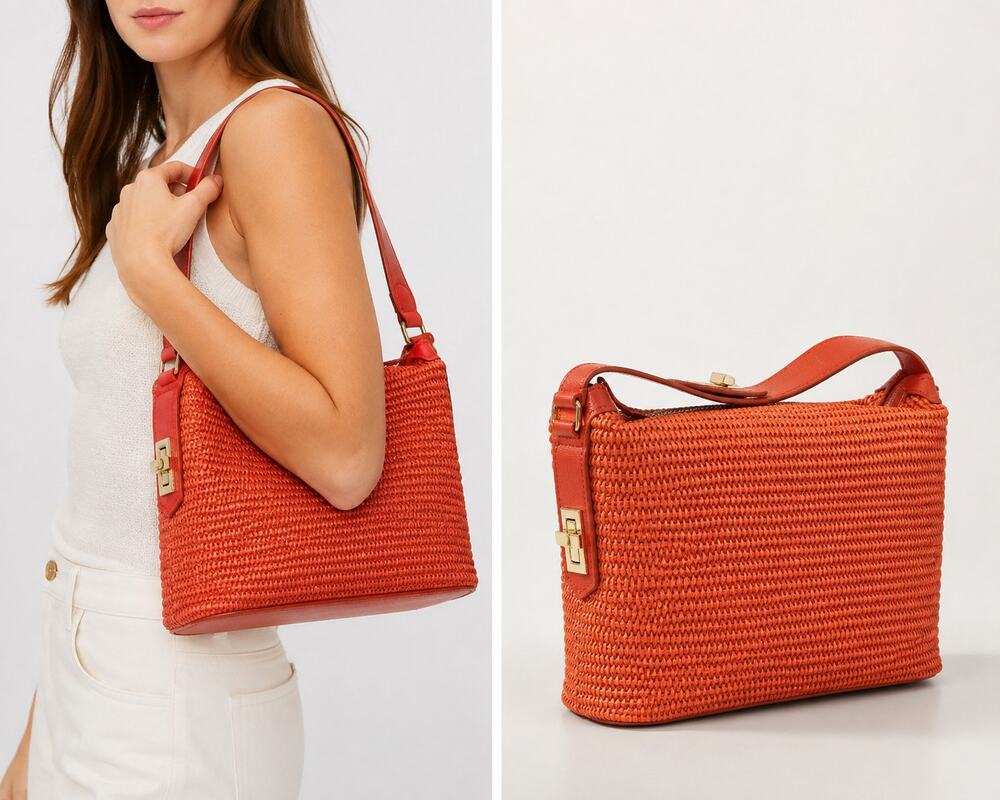 New Viola Castellani Woven Shoulder Bag, Coral Made in Italy